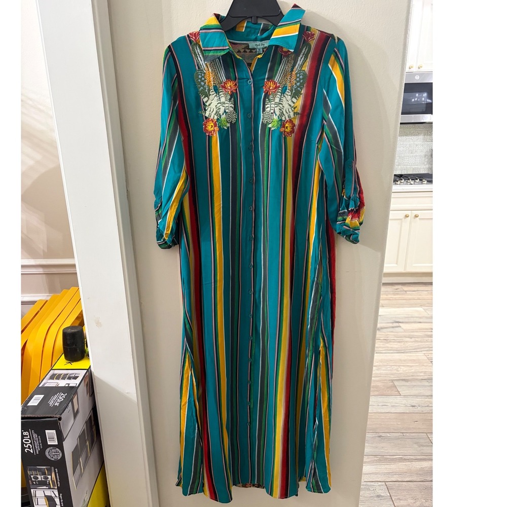 April Sky Embroidered Cactus Serape Stripe Maxi Shirt Dress Boho Western M - Picture 6 of 11